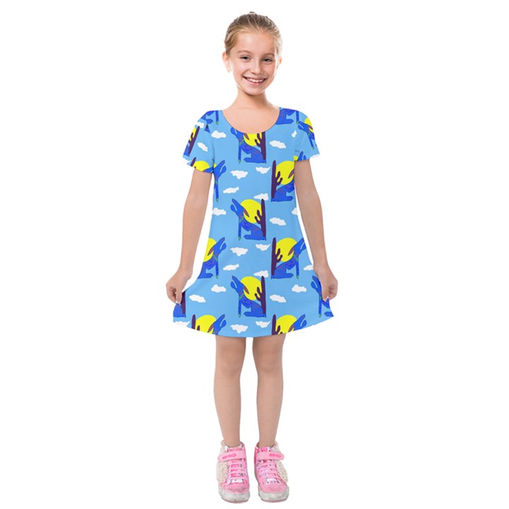 Blue Coyote Pattern Kids  Short Sleeve Velvet Dress