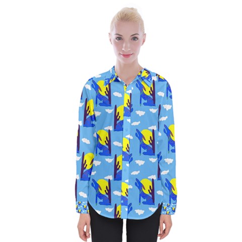 Blue Coyote Pattern Womens Long Sleeve Shirt by bloomingvinedesign