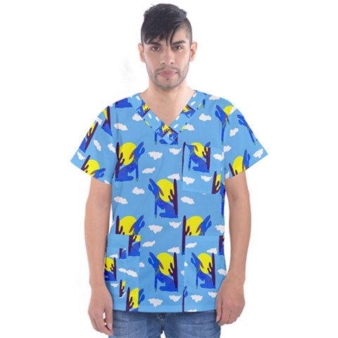 Blue Coyote Pattern Men s V-neck Scrub Top by bloomingvinedesign