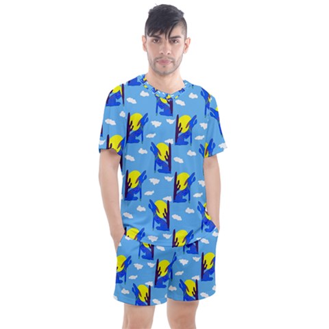 Blue Coyote Pattern Men s Mesh Tee And Shorts Set by bloomingvinedesign