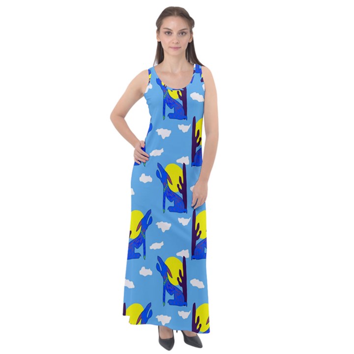 Blue Coyote Pattern Sleeveless Velour Maxi Dress