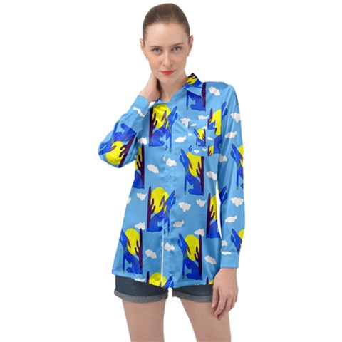 Blue Coyote Pattern Long Sleeve Satin Shirt by bloomingvinedesign