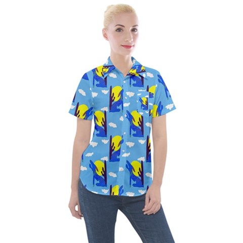 Blue Coyote Pattern Women s Short Sleeve Pocket Shirt by bloomingvinedesign