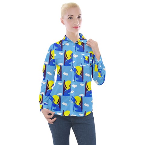 Blue Coyote Pattern Women s Long Sleeve Pocket Shirt by bloomingvinedesign