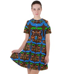 Foxes Pattern Short Sleeve Shoulder Cut Out Dress  by bloomingvinedesign