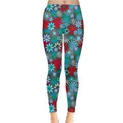 Red And Blue Green Floral Pattern Leggings  by bloomingvinedesign