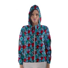 Red And Blue Green Floral Pattern Women s Hooded Windbreaker by bloomingvinedesign