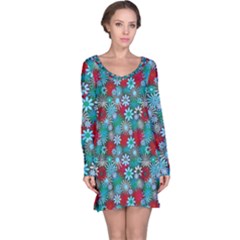 Red And Blue Green Floral Pattern Long Sleeve Nightdress