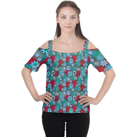 Red And Blue Green Floral Pattern Cutout Shoulder Tee by bloomingvinedesign