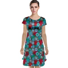 Red And Blue Green Floral Pattern Cap Sleeve Nightdress