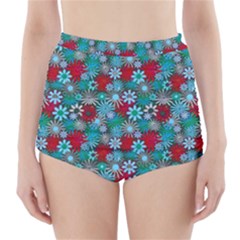 Red And Blue Green Floral Pattern High-waisted Bikini Bottoms by bloomingvinedesign