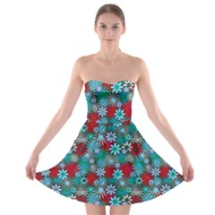 Red And Blue Green Floral Pattern Strapless Bra Top Dress by bloomingvinedesign