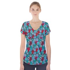 Red And Blue Green Floral Pattern Short Sleeve Front Detail Top by bloomingvinedesign