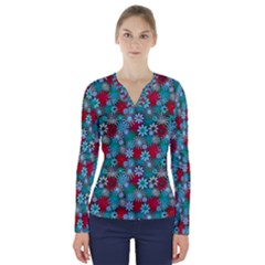 Red And Blue Green Floral Pattern V-neck Long Sleeve Top by bloomingvinedesign