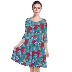 Red And Blue Green Floral Pattern Quarter Sleeve Waist Band Dress by bloomingvinedesign