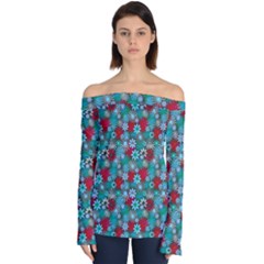 Red And Blue Green Floral Pattern Off Shoulder Long Sleeve Top by bloomingvinedesign