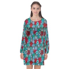 Red And Blue Green Floral Pattern Long Sleeve Chiffon Shift Dress  by bloomingvinedesign