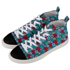 Red And Blue Green Floral Pattern Men s Mid-top Canvas Sneakers by bloomingvinedesign