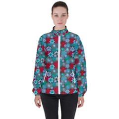 Red And Blue Green Floral Pattern Women s High Neck Windbreaker by bloomingvinedesign