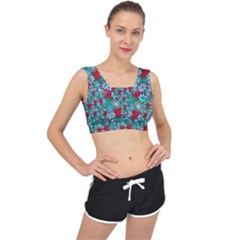 Red And Blue Green Floral Pattern V-back Sports Bra by bloomingvinedesign