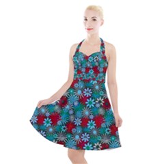 Red And Blue Green Floral Pattern Halter Party Swing Dress  by bloomingvinedesign