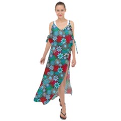 Red And Blue Green Floral Pattern Maxi Chiffon Cover Up Dress by bloomingvinedesign