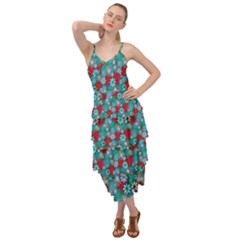 Red And Blue Green Floral Pattern Layered Bottom Dress