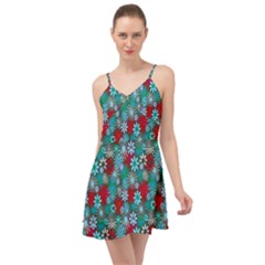 Red And Blue Green Floral Pattern Summer Time Chiffon Dress