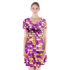 Funky Sequins Short Sleeve V-neck Flare Dress