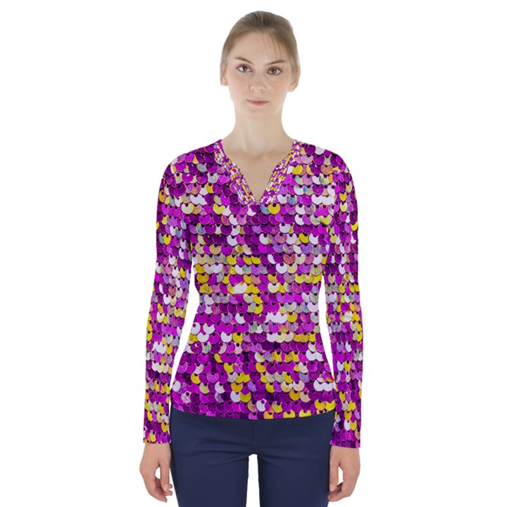 Funky Sequins V-Neck Long Sleeve Top