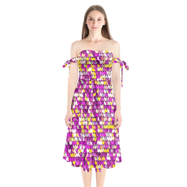 Funky Sequins Shoulder Tie Bardot Midi Dress