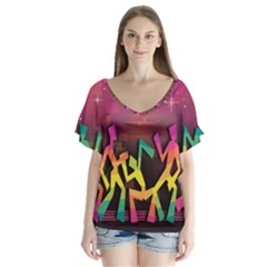 Dancing Colorful Disco V-Neck Flutter Sleeve Top