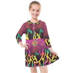 Dancing Colorful Disco Kids  Quarter Sleeve Shirt Dress