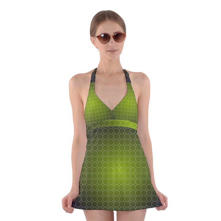 Hexagon Background Plaid Halter Dress Swimsuit 