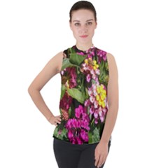 Summer Lantana W Bee Mock Neck Chiffon Sleeveless Top by Riverwoman