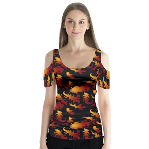 Abstract Flames Pattern Butterfly Sleeve Cutout Tee  by bloomingvinedesign