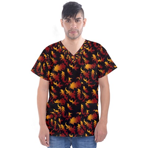 Abstract Flames Pattern Men s V-neck Scrub Top by bloomingvinedesign