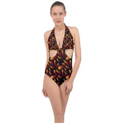 Abstract Flames Pattern Halter Front Plunge Swimsuit by bloomingvinedesign