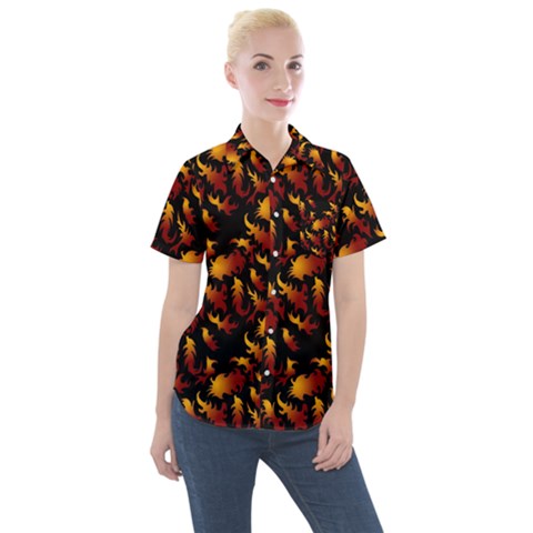 Abstract Flames Pattern Women s Short Sleeve Pocket Shirt by bloomingvinedesign