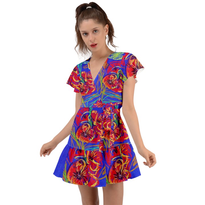 Poppies Flutter Sleeve Wrap Dress