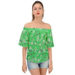 Green White Spring Fling Flora    Off Shoulder Short Sleeve Top