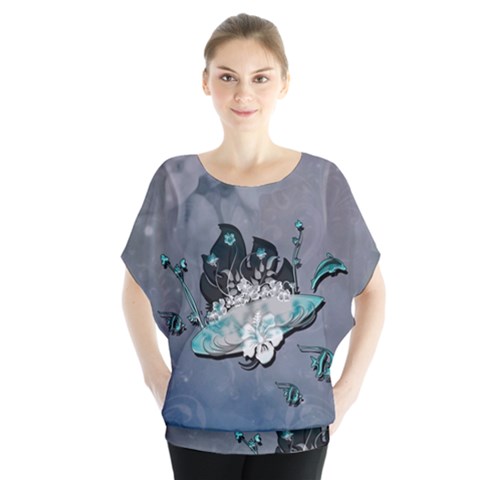 Sport, Surfboard With Flowers And Fish Batwing Chiffon Blouse by FantasyWorld7