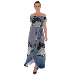 Sport, Surfboard With Flowers And Fish Off Shoulder Open Front Chiffon Dress