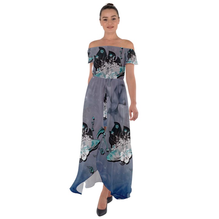 Sport, surfboard with flowers and fish Off Shoulder Open Front Chiffon Dress