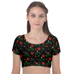 Strawberries Pattern Velvet Short Sleeve Crop Top  by bloomingvinedesign