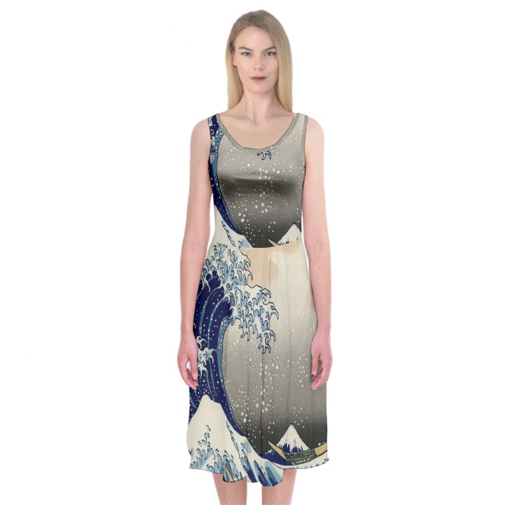 Image Woodblock Printing Woodcut Midi Sleeveless Dress