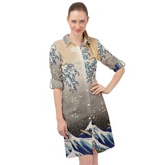 Image Woodblock Printing Woodcut Long Sleeve Mini Shirt Dress by Sudhe