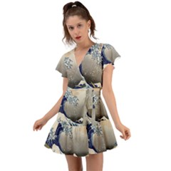 Image Woodblock Printing Woodcut Flutter Sleeve Wrap Dress