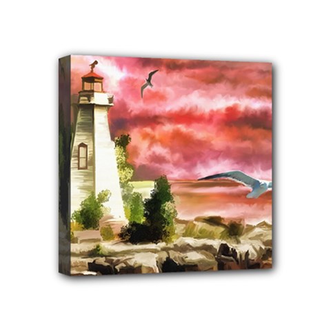 Lighthouse Ocean Sunset Seagulls Mini Canvas 4  X 4  (stretched) by Sudhe