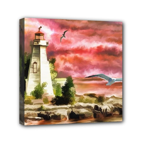 Lighthouse Ocean Sunset Seagulls Mini Canvas 6  X 6  (stretched) by Sudhe